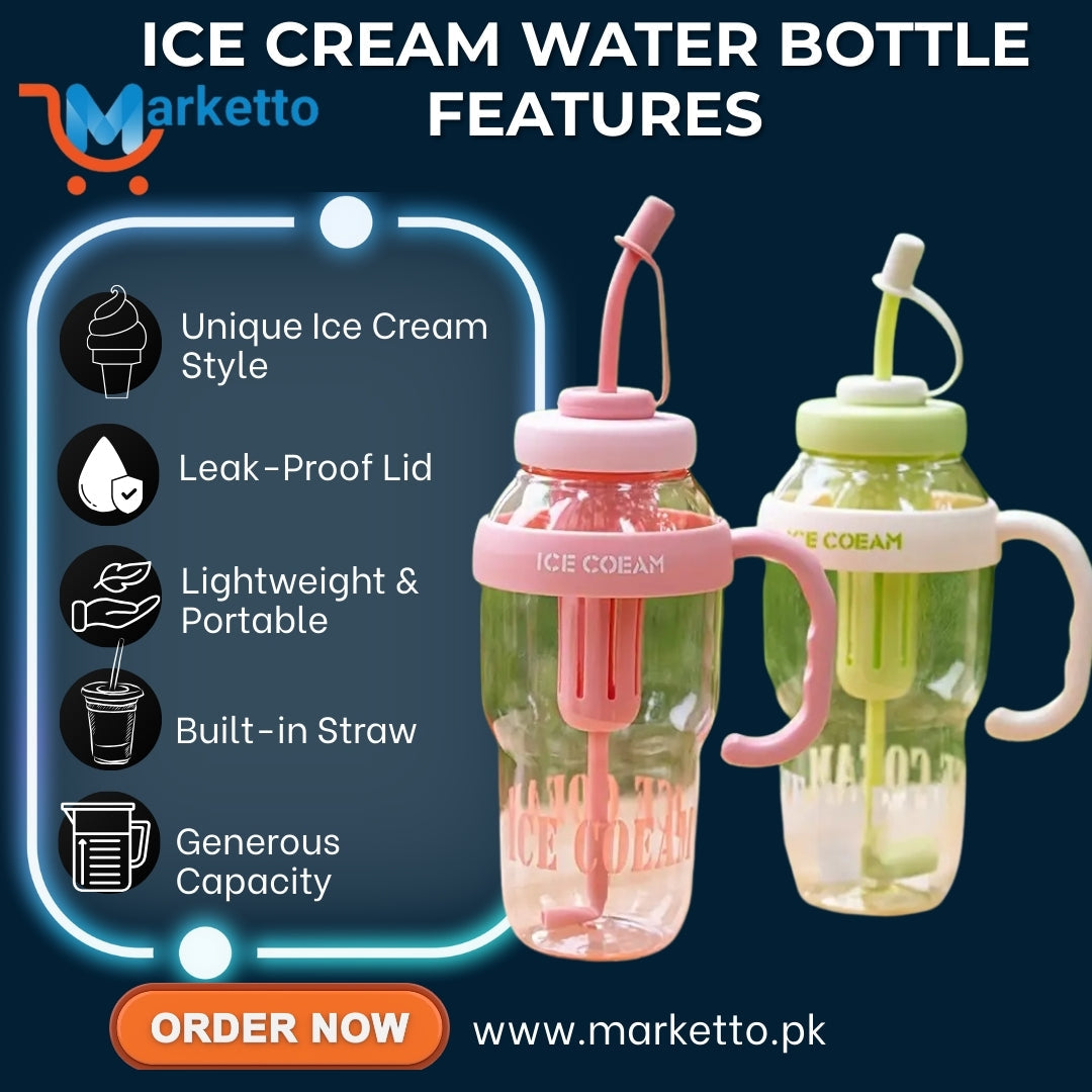 Ice Cream Design Crystal Plastic Water Bottle – Large Capacity for Kids & Adults