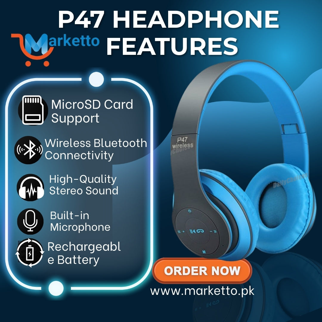 P47 Wireless Bluetooth Headphones | Stylish & Powerful Sound